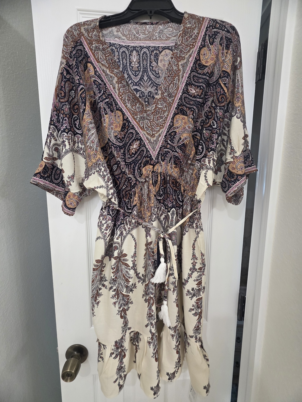 Cupshe Boho Paisley Cream and Purple Drawstring Waist Dress